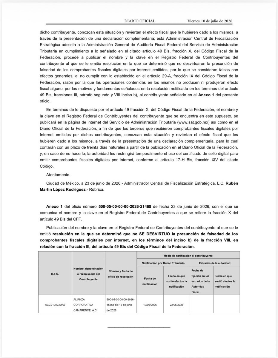 LuisPerezdeAcha's tweet photo. Empiezan las publicaciones en el Diario Oficial dirigidas a contribuyentes que han recibido CFDIs calificados por el SAT como  'falsos', conforme al artículo 29-A, fracción IX del Código Fiscal. Las autoridades van en serio.

Aquí un ejemplo 👇🏼👇🏼 https://t.co/dIjEaiv2UH