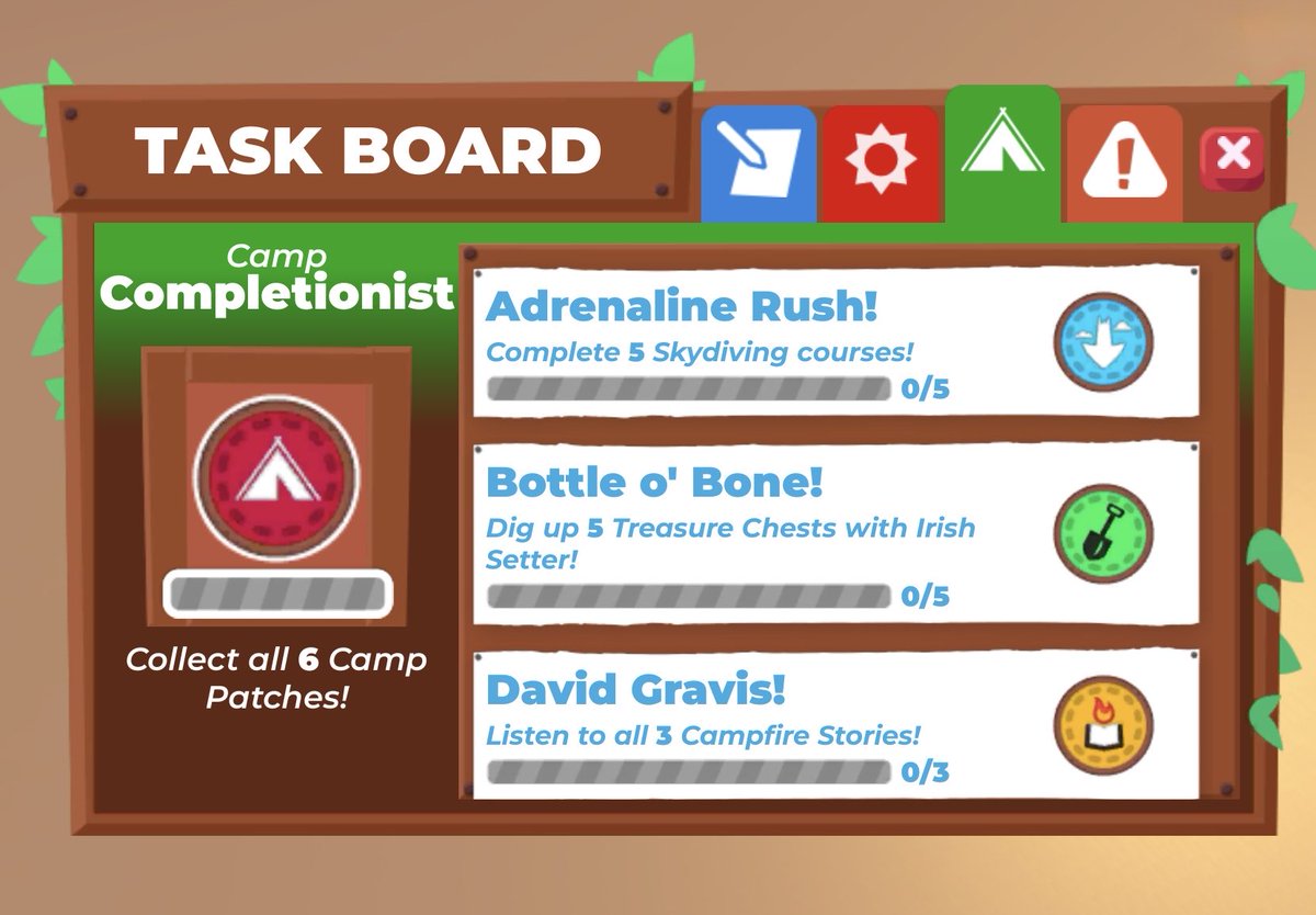 Complete various new tasks to get CAMP PATCHES! Complete all 6 to get a ...