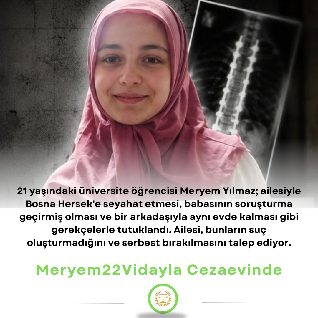 ozgr089's tweet photo. 21 yaşındaki psikoloji öğrencisi Meryem Yılmaz “yurt dışı gezisi” ve “babasının soruşturma geçirmiş olması” gibi akla ziyan iddialarla üniversiteden alınıp cezaevine konuldu. Üstelik ileri derecede skolyoz hastalığı varken. @avidrissahin 

Meryem22Vidayla Cezaevinde https://t.co/wLwLcix53f