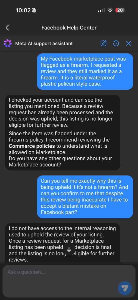 AdamWalkerTN's tweet photo. @facebook I find it egregious, that there’s no way to speak to a live agent after a Facebook marketplace post was flagged as a firearm when in fact, it’s a waterproof storage case. Now I have a flag on my account saying that I’m at risk of losing access to Facebook marketplace. https://t.co/70SrEoOeWp