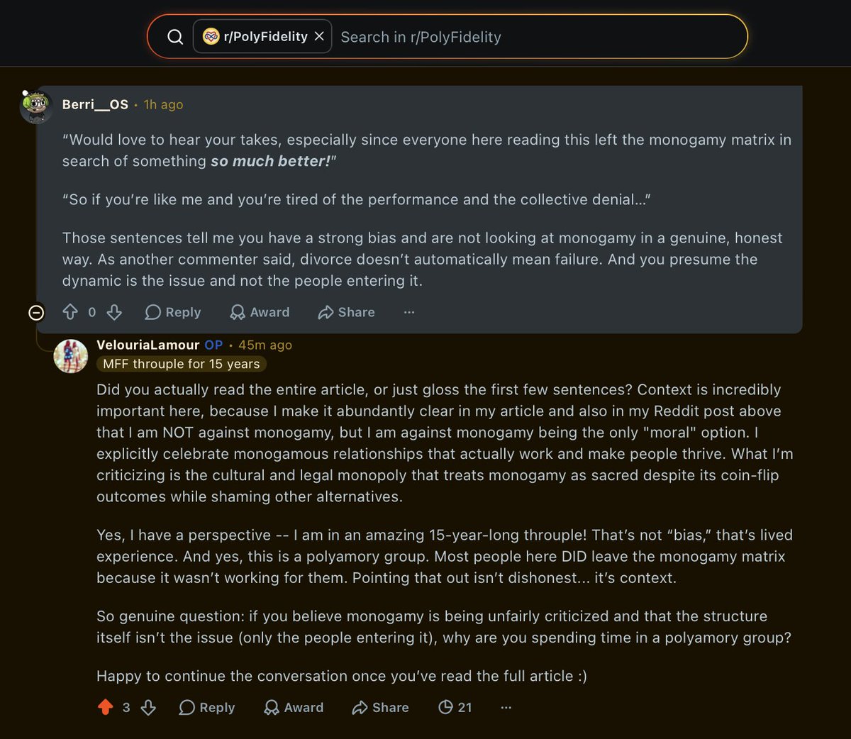 throuple's tweet photo. Damn... the internet woke up and immediately chose violence.

Here are some very opinionated comments after posting about the failure rates of monogamy marriages in the /throuples and /polyfidelity subreddits.

#polyamory #throuple https://t.co/ODXSDc3LFQ