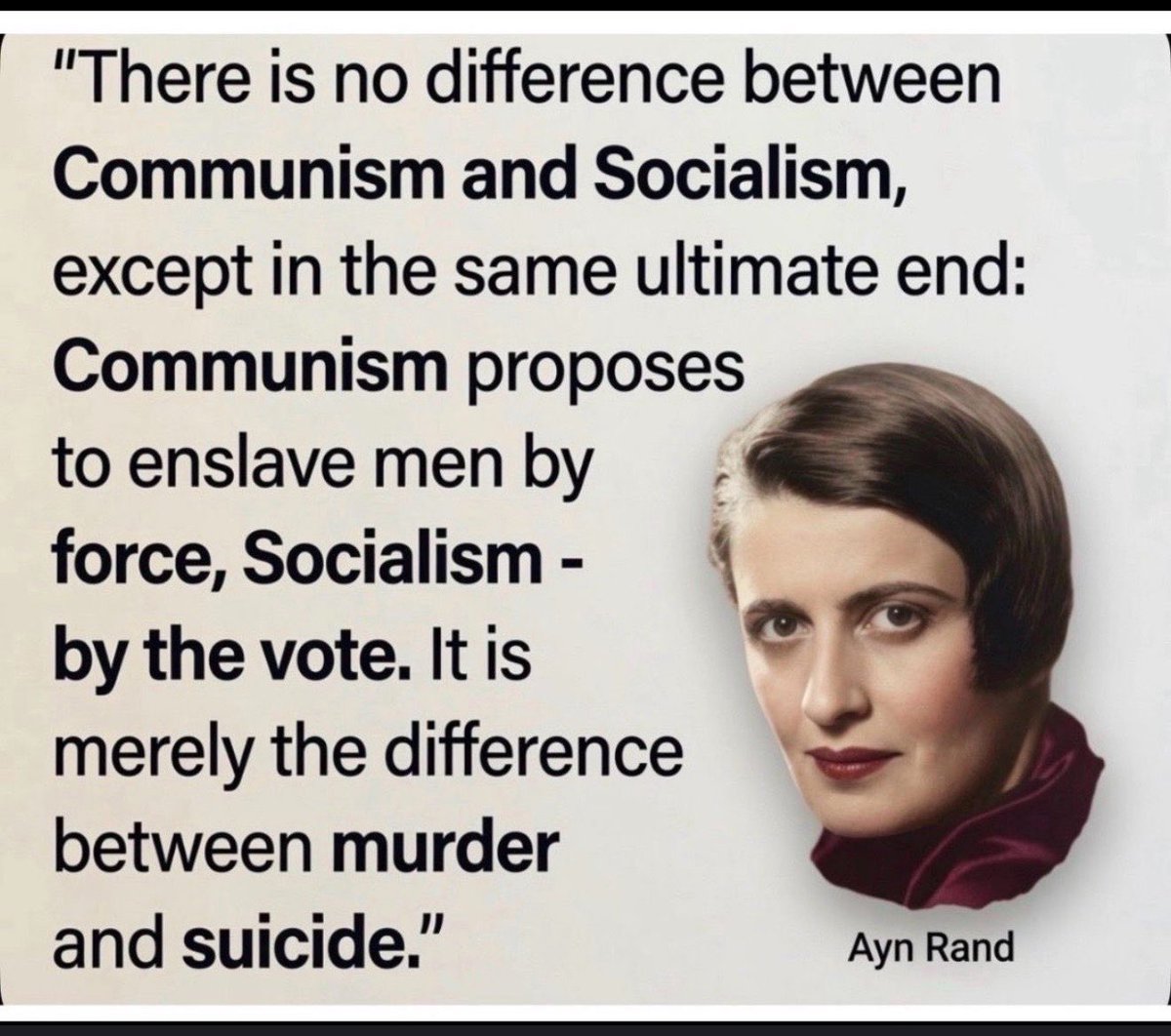 JayGenXer's tweet photo. Ayn Rand nailed it decades ago.

“There is no difference between Communism and Socialism, except in the same ultimate end: Communism proposes to enslave men by force, Socialism — by the vote. It is merely the difference between murder and suicide.”

She saw it coming. We’re living it right now in Canada.

The Liberals aren’t coming for your guns with troops in the street. They’re doing it with the vote. They’re not seizing factories at gunpoint. They’re taxing you into poverty, flooding the country with people who don’t assimilate, running up a trillion-plus in debt, and calling it “progress.”

They use democracy as the weapon. Floor-crossers to steal a majority they couldn’t win. Bills to control what you see and say online. Carbon taxes that punish success while they jet around the world. Deficits so massive our kids will be paying for their failures long after they’re gone.

It’s slower than the old communist model. But the destination is the same: a country where the individual exists to serve the state, where freedom is gradually voted away, and where anyone who objects is labeled the problem.

Rand called it suicide by vote.

We’re watching Canada bleed out one “democratic” policy at a time.

She was right then. She’s still right now.

Time to stop the bleeding.

#cdnpoli #AynRand #SocialismKills #CanadaFirst #WakeUpCanada