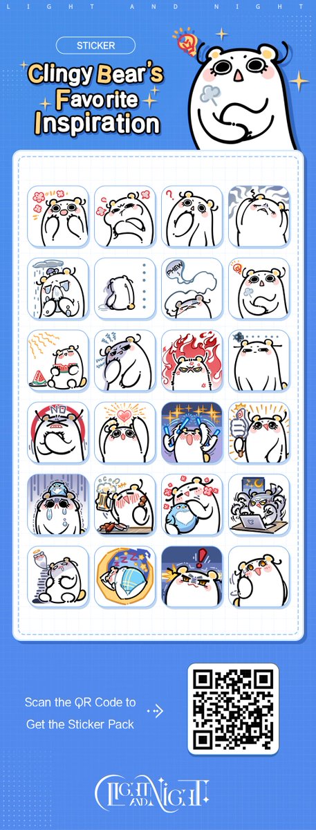 lightnnightsea's tweet photo. ✦ Light and Night SEA Stickers ✦

The little bear who adores Inspiration is ready to join you for some witty banter and daily chatter~

✨ How to Claim:
Use the "Scan" feature on your phone to scan the QR code below directly, or save the image to your device and scan it to open. Designers will be automatically redirected to the Google Drive link containing the sticker pack.

✨ [Community Event] Everlasting Love
How to participate:  
1. Like and follow the official Light and Night SEA fanpage 
2. Log in to Light and Night and take a screenshot of your most heart-melting and adorable moment
3. Post it publicly on your profile using the hashtags #LightandNight #EverlastingLove
4. Complete this form to confirm your participation: https://t.co/KxgZitlTli

📅 Event period: July 11 - July 18, 2026 (GMT+7)

🎁 Rewards: 
All eligible participants will receive 1 in-game reward code: 
Adoring Heart x 10 
Aurora Coin x 20,000
Inspiration Fragment x 1

Each participant will receive 1 code. This event is only for participants located in SEA regions, including Vietnam, Thailand, Philippines, Myanmar, Indonesia, Brunei, Singapore, Cambodia, Laos, Malaysia and Timor-Leste.

✨ Download now:
✦ Official Light and Night SEA Webshop: https://t.co/RMYQ86nqPD
✦ Join our Discord: https://t.co/Y1ilSKomzw
✦ Join our Facebook Community:  https://t.co/6ETQxSDCca

 #LightandNight #EverlastingLove