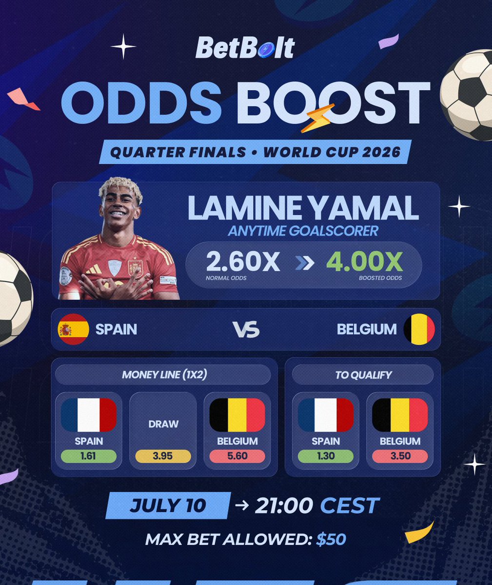betbolt's tweet photo. It's baby goat's time to shine ⚡️

We’ve boosted Lamine Yamal to score ANYTIME from 2.60x to 4.00x 👀

Don't forget to 💙 + 🔁 for a chance to win $100

Good luck everyone 🙏 https://t.co/kR4nubHlRU