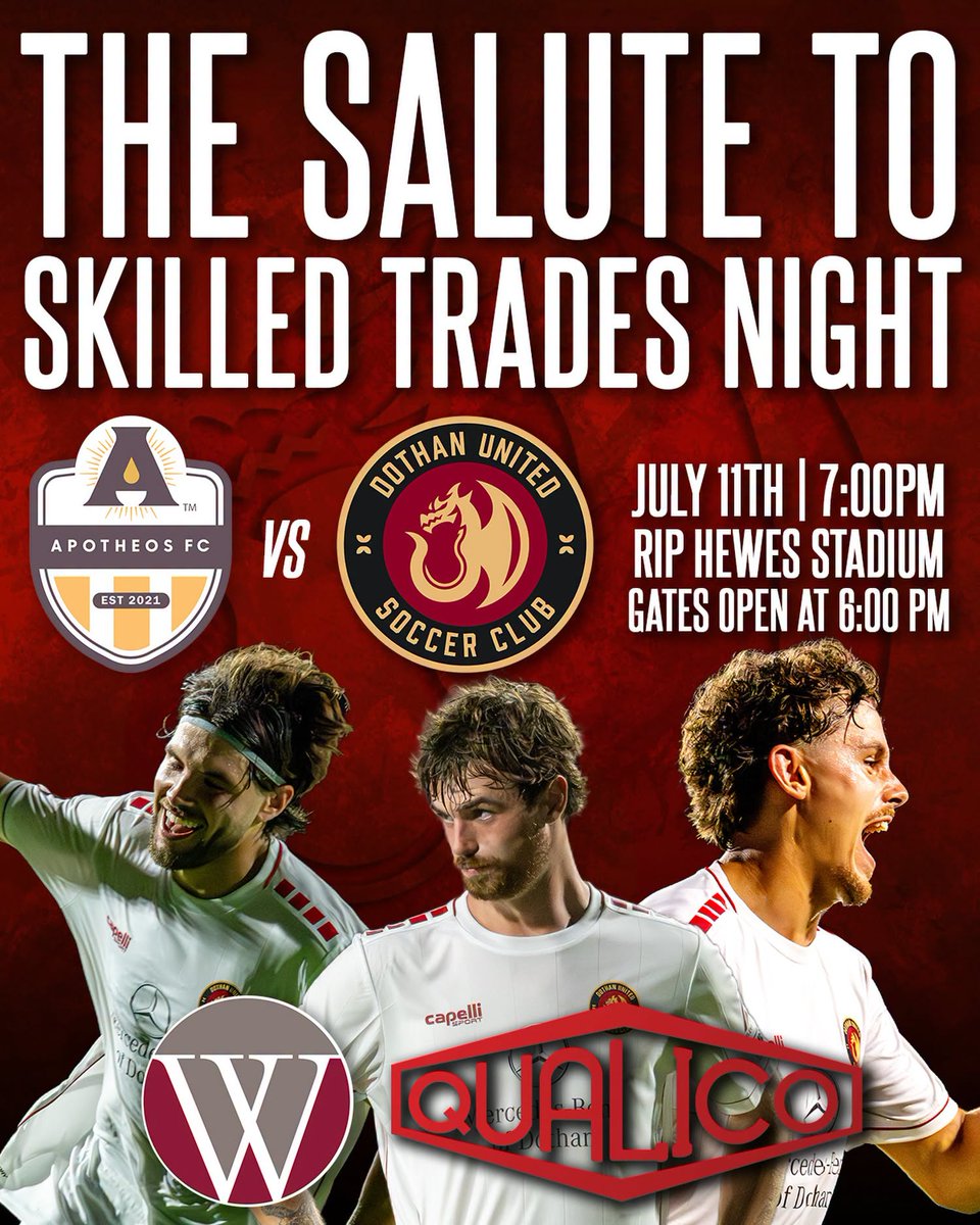 wccdothan's tweet photo. ⚽️ Catch great soccer in Dothan this Saturday! Join Wallace and Qualico for Dothan United’s Salute to Skilled Trades at 7 p.m. at Rip Hewes Stadium. Explore our mobile welding unit, career simulators, meet instructors, grab Wallace swag and cheer on the Dragons! https://t.co/n56oURi3pU