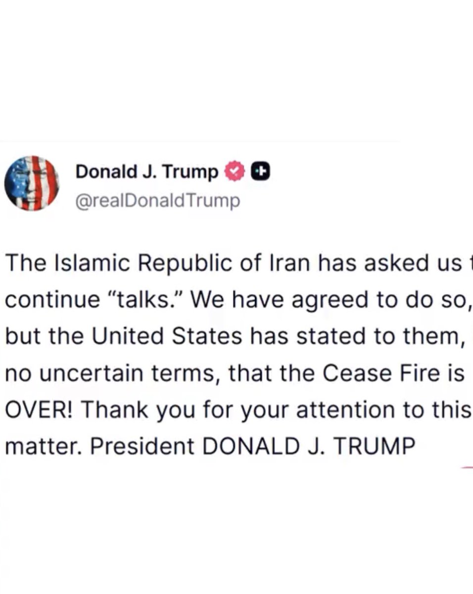 Jhonffonseca's tweet photo. Trump expone la humillación total de Irán: los mulás están de rodillas suplicando “conversaciones”… y él les cierra la puerta con un puñetazo.

«La República Islámica de Irán nos rogó que reanudáramos las ‘conversaciones’. Hemos aceptado… pero Estados Unidos les ha dejado clarísimo que el ALTO EL FUEGO HA TERMINADO.»

— Presidente DONALD J. TRUMP