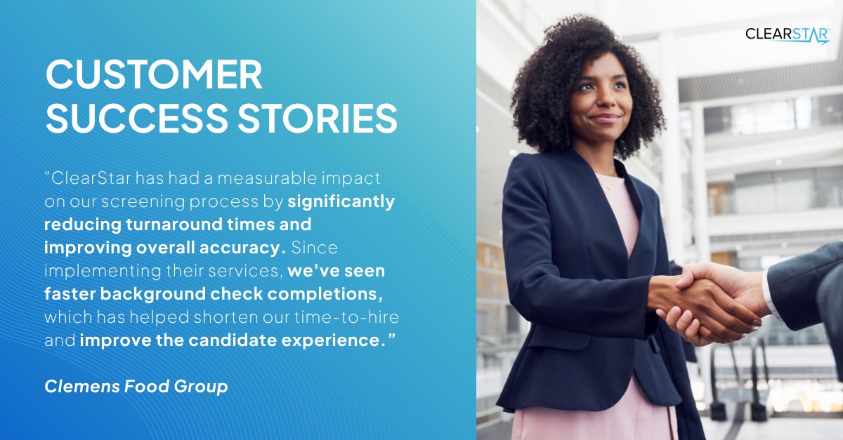 ClearStarInc's tweet photo. Faster background check completions, shorter time‑to‑hire, a smoother, more positive candidate experience from start to finish.

That’s the ClearStar difference. Partner with us today!

#HRTech #BackgroundScreening #TalentAcquisition #HiringEfficiency https://t.co/l55ka0ipit