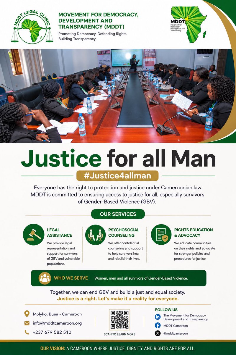 mddtcameroon's tweet photo. Justice should never depend on who you are or what you can afford.

Through the @mddtcameroon Legal Clinic, we provide legal information, legal representation, psychosocial support, and rights education to help survivors of Gender Based Violence and vulnerable individuals access justice with dignity.

Every person deserves protection. Every survivor deserves to be heard. Justice is for everyone.

#Justice4allMan #EndGBV #AccessToJustice #HumanRights #LegalAid #RuleOfLaw #Cameroon #MDDTCameroon #GBVPrevention #JusticeForAll