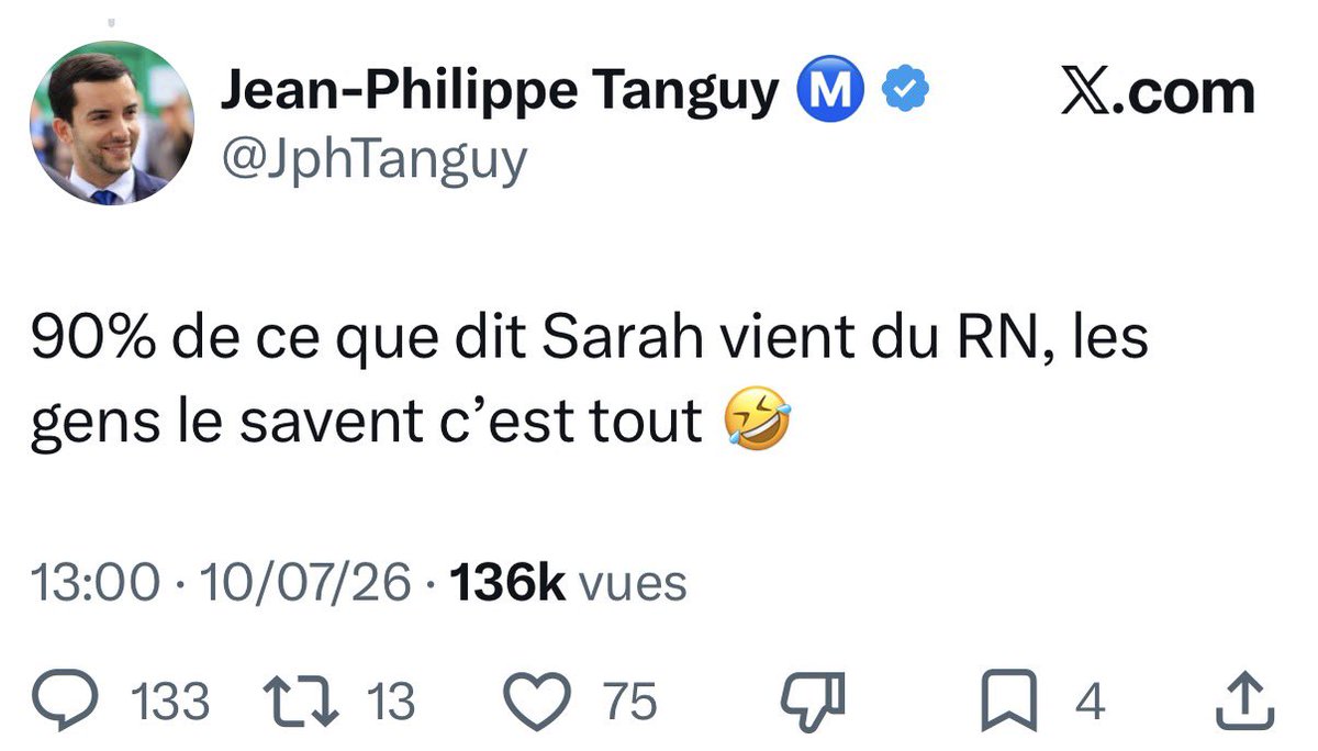 alainpaulweber's tweet photo. Quand 90 % d'accord ne suffisent pas pour se ménager 

Aujourd’hui, Jean-Philippe Tanguy a posté sur X une pique inutile et gratuite : « 90 % de ce que dit Sarah vient du RN, les gens le savent c'est tout 🤣 ».

L'ironie est connue, presque banale dans le paysage politique français. Mais elle cache une réalité autrement plus préoccupante : une partie de la famille patriote semble préférer l'entre-soi et le coup de griffe à la conquête du pouvoir. Ces conflits sont idiots, maladroits et surtout contre-productifs.

Les convergences sont en effet nombreuses : maîtrise de l'immigration, priorité nationale, critique d'une Union européenne perçue comme technocratique et impuissante, défense de la souveraineté nationale, refus du wokisme et de l'islamisme politique.

Mais ce constat n'aurait jamais dû devenir une arme. Il aurait dû être une force. Si 90 % des idées sont communes, comme le revendique Tanguy lui-même, que reste-t-il à trancher ? Dix pour cent. Et ce sont ces dix pour cent qui justifient mon vote Reconquête plutôt qu'un vote RN. Dix pour cent de différences stratégiques, de sensibilités historiques, de priorités assumées. Dix pour cent qui devraient faire l'objet d'un dialogue, non d'une guerre de tranchées.

@knafo_sarah a répondu avec humour : « On a encore 10 % à combler ensemble, Jean-Philippe. » Cette phrase dit tout.

La gauche s'unit avec 30 % d'accord, la droite se déchire avec 90 %

C'est ici que le paradoxe devient insoutenable. La France insoumise, le Parti socialiste, les Écologistes et le Parti communiste : que partagent-ils véritablement, au-delà d'une opposition commune au pouvoir en place ? Sur l'économie, la laïcité, l'Europe, la politique étrangère, leurs divergences sont abyssales. Pourtant, ces formations parviennent à s'entendre, à nouer des alliances électorales, à gouverner ensemble quand les circonstances l'imposent. Elles savent mettre de côté ce qui les sépare pour faire gagner ce qu'elles estiment être leur camp.

La droite nationale, elle, disposerait selon @JphTanguy de 90 % de points communs et continuerait de se consumer dans des querelles de cour d'école. Pendant que les adversaires de la droite s'organisent, trouvent des idées malgré des fossés autrement plus larges, le RN et Reconquête s'écharpent sur un tweet, un mot imbécile.

Le RN est en position de force, c'est un fait. Mais l'arrogance est la plus mauvaise des conseillères. Si une partie des électeurs Reconquête, dont je suis, vote RN au second tour sans état d'âme, une autre partie, échaudée par des années de petites phrases et de piques venues des responsables du Rassemblement National, pourrait bien rester chez elle. Chaque formule qui humilie ou ridiculise l'autre camp pousse une fraction de ces électeurs vers l'abstention ou vers des choix protestataires sans lendemain. Ce sont précisément ces voix raisonnables mais volatiles qu'il faut aller chercher, pas braquer.

Les adversaires sont suffisamment nombreux, il suffit de lire depuis 2 jours les milliers de tweets sur l’inégibilité de @MLP_officiel. Pourquoi ajouter des fronts totalement évitables ? Il faut faire fi du passé…

Des alliances locales existent déjà et fonctionnent, Marseille en a offert une illustration récente. L'électorat est plus mûr que les appareils. Il attend un minimum de hauteur….

Être persuadé d’y arriver sans alliance est de l’arrogance et celle-ci est mauvaise conseillère. Personne ne demande la disparition des identités propres, mais cesser de s'écharper en public et d'offrir à l'adversaire le spectacle d'une droite qui se déchire semblerait une bonne idée.

La fenêtre d'opportunité pour une alternance réelle est ouverte, mais elle ne le restera pas éternellement.

Je passe mon temps à essayer de convaincre les électeurs @Reconquete_off, que par défaut il faudra voter RN, mais vous ne m’aidez guère !
Grandissez donc un peu…
Le statut de la France est plus important que quelques egos.
Vos lecteurs ne s’y trompent pas : 136 000 vues pour 75 like 🤔