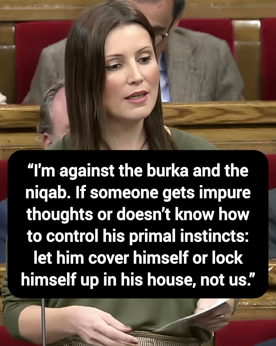 DavidJHarrisJr's tweet photo. Spanish politician Lorena Roldan:“I'm against the burka and the niqab. If someone gets impure thoughts or doesn’t know how to control his primal instincts: let him cover himself or lock himself up in his house, not us.”

Thoughts? https://t.co/GNfW1M2eyU