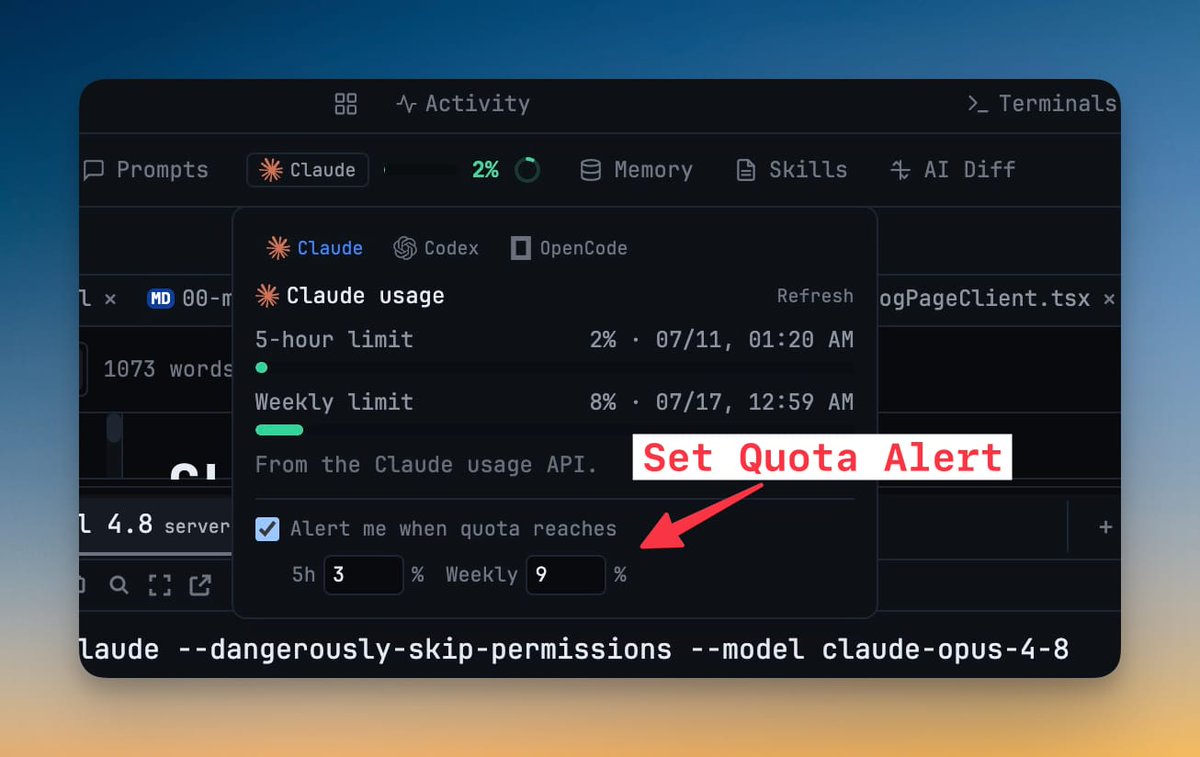 stoicsoft's tweet photo. Building marketing automation with multiple AI agents? 1DevTool v1.36.0 adds per-agent quota alerts, one-click account switching, multi-command startup sequences, and faster search in large projects. Reader Mode now supports Codex, Cline, Grok, and OpenCode. https://t.co/DCfS8pzWL1