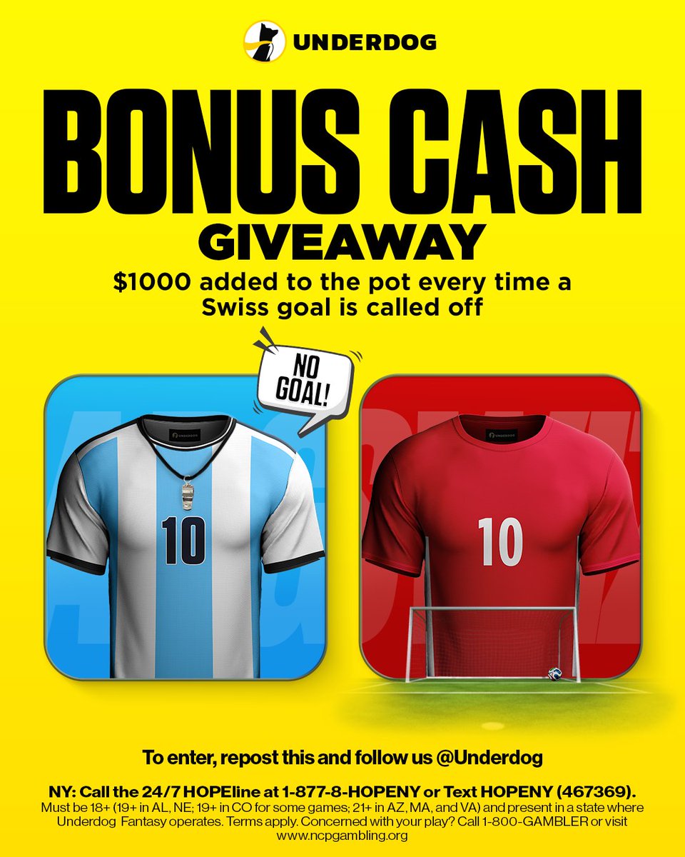 Underdog's tweet photo. 💰 BONUS CASH GIVEAWAY 💰

We're adding $1,000 to the pot every time a Switzerland goal is overturned by VAR against Argentina tomorrow.

10 followers will split the final prize pool.

To enter, just
1️⃣ Follow us @Underdog
2️⃣ Repost this https://t.co/XelpQ1hPjA