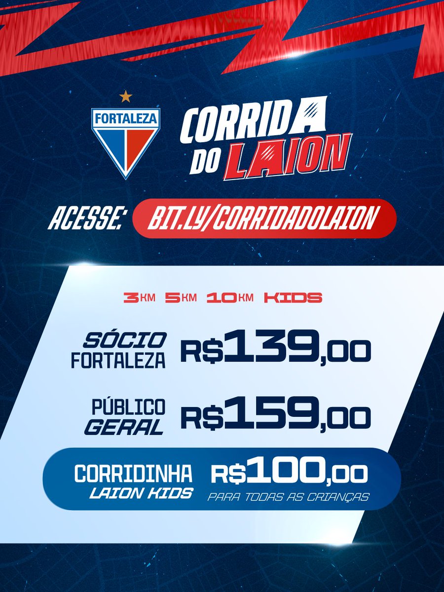 FortalezaEC's tweet photo. Corre que o lote vai virar! 🏃🦁

Não deixe para depois e aproveite os valores do lote atual para garantir sua vaga na Corrida do Laion.

📅 23/08
✅ 3km, 5km, 10km e Kids
🎟️ Sócio: R$139,00
🎟️ Público geral: R$159,00
🏃 Corridinha Kids: R$100,00

🔗 Acesse https://t.co/kGo00Rt3Bb, garanta seu lugar e mostre que você tem fôlego de Leão!

#FortalezaEC #CorridaDoLaion