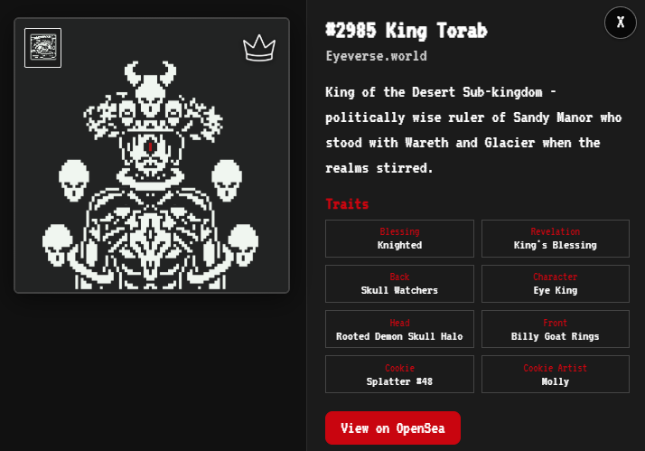 JE2530_'s tweet photo. Brace have you checked out hodlr dot eyeverse dot world. Its pretty cool seeing all your assets in one place. 
@eyeversed Meet King Torab 👑 https://t.co/inrlcFliRm