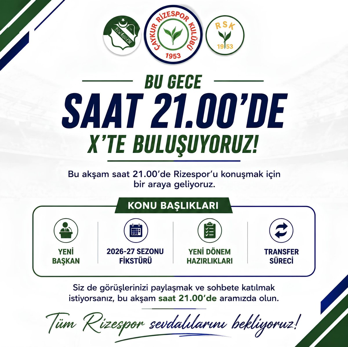 ismet5392's tweet photo. Bu gece saat 21.00’de X’te buluşuyoruz! 

Rizespor’umuzun transfer gündemini, yeni sezonu, fikstürü ve merak ettiğiniz tüm konuları birlikte konuşacağız.

Tüm Rizespor sevdalılarını bekliyoruz. 💚💙 https://t.co/oZ3dvH3Cc4
