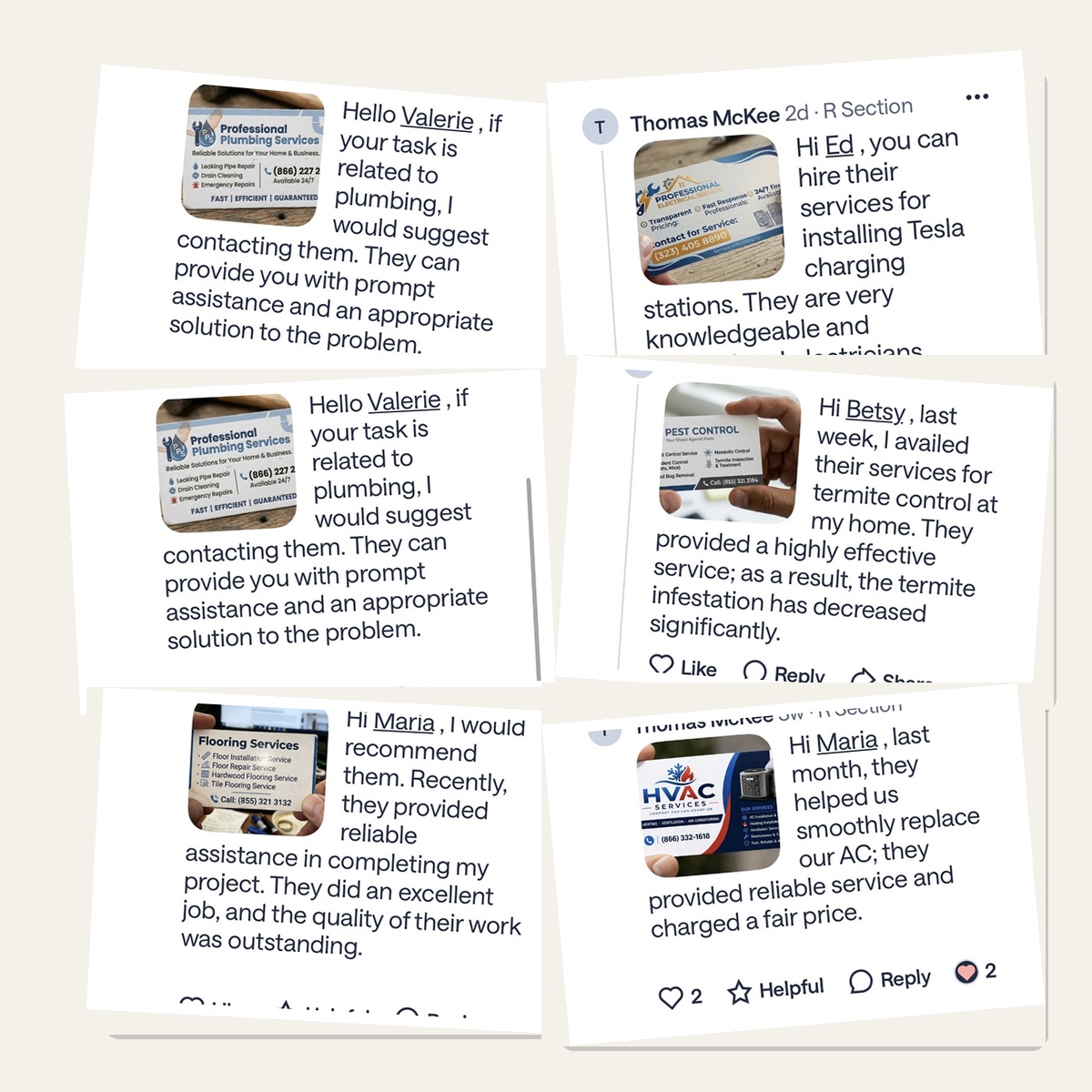KleinCoolingFL's tweet photo. Be cautious of accounts repeatedly recommending different HVAC, plumbing, electrical, pest control, and other trade companies using generic comments and photos of business cards. Before hiring, verify the company’s license, website, reviews, and official phone number. https://t.co/tFIGnwv2qr