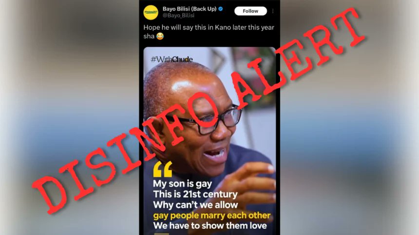 thecableng's tweet photo. FACT CHECK: Claim Peter Obi said son is gay FALSE 

A social media user claims Peter Obi, presidential candidate of the Nigeria Democratic Congress (NDC), said his son is gay.

@Bayo_Bilisi, the X user, claimed in a post on Thursday to his 12.3k followers.

The post featured an image of @PeterObi and a quote attributed to him, allegedly from his interview with Chude Jideonwo, a media personality.

https://t.co/kQXvS8yHFR 

#FactCheck