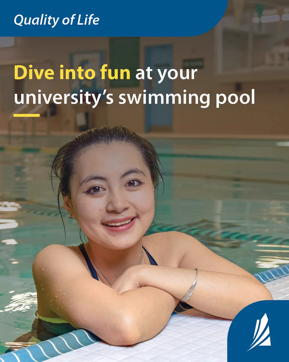 A woman who has been swimming rests on the side of a pool. She is smiling.

The text reads: “Dive into fun at your university’s swimming pool.” 
