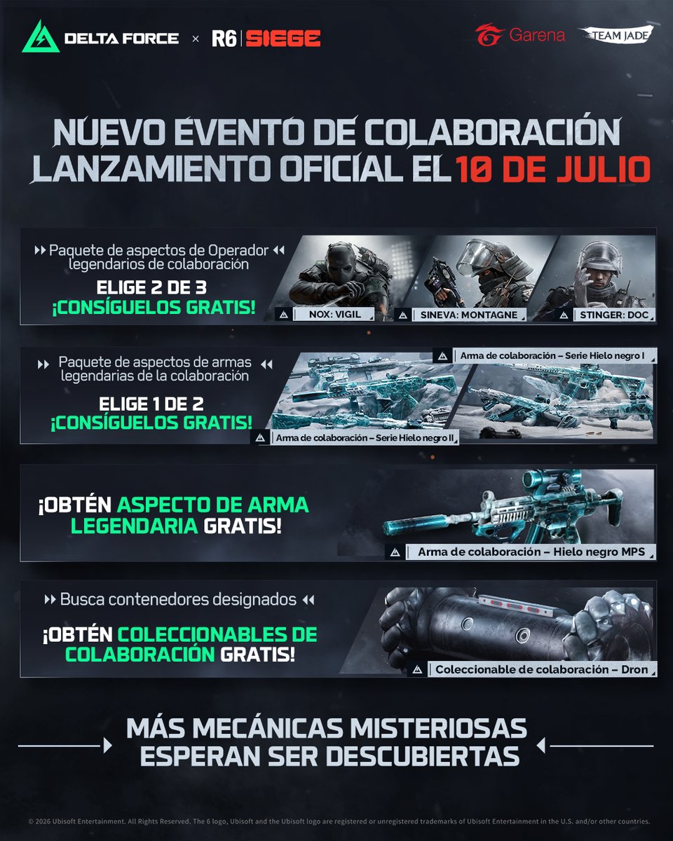 deltaforce_lat's tweet photo. ⚔️ Delta Force x Rainbow Six Siege. Completa misiones y reclama Aspectos Legendarios GRATIS por tiempo limitado. Únete a la Operación Rainbow el 10 de julio. ¡Vamos! 🔥
#GarenaDeltaForce #DeltaForce #RainbowSixSiege #BlackIce https://t.co/mXSazQKInI