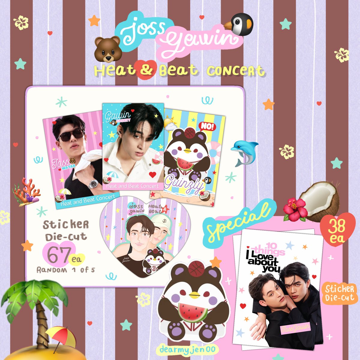 dearmyjen00's tweet photo. pls kindly rt 🌺

giveaway for JossGawin 
Heat &amp; Beat Concert 🐻🐧

Sticker die-cut 🥥🌤️
- get 1 random sticker (1 of 5 designs)
- special 10 THINGS I LOVE ABOUT YOU sticker 38 ea !

🏝️ union mall, union hall
🗓️ 28 July 
⏳ time (tba)

#JossGawinConcert
#JossGawin #จอสกวิน https://t.co/xF5KDW9w92