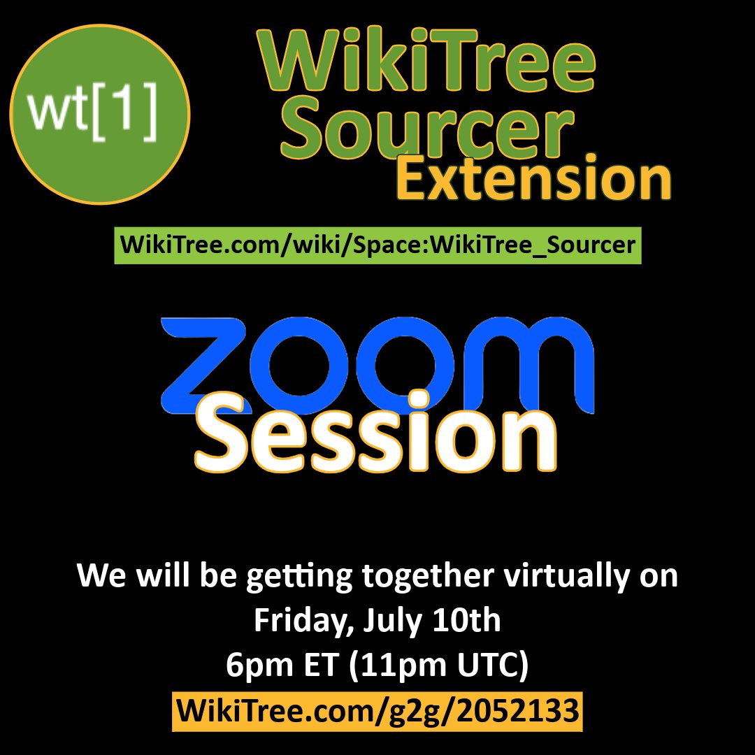 WikiTreers's tweet photo. Join our #ConnectAThon prep Zoom session to learn the WikiTree Sourcer extension! Create sourced profiles from Ancestry & FamilySearch for the upcoming genealogy marathon. 🌳
📅 July 10 • 6pm ET
🔗 https://t.co/Vp0t1LMgCo
#CollaborativeGenealogy https://t.co/jaSiWkuiTD