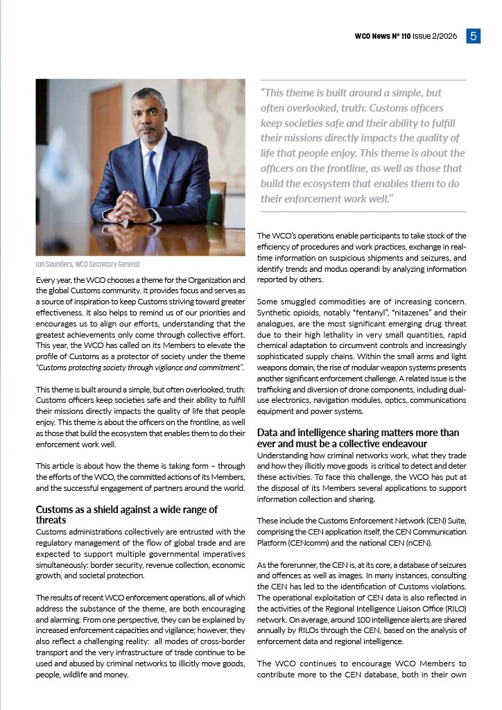 WCO_OMD's tweet photo. Customs protecting society through vigilance and commitment by Ian Saunders. 

In the article opening the latest issue of WCO News, the WCO Secretary General sets out how the theme of the year encapsulates a simple, but often overlooked, truth: Customs officers keep societies safe.
 
He also highlights how the WCO supports efforts to share data and knowledge, enhance data collection and analysis, mobilize against the exploitation of general aviation by traffickers, profile postal and express consignments or develop capacities to use GEOINT. 

Read more 👉 https://t.co/vHKtJqQ3TH