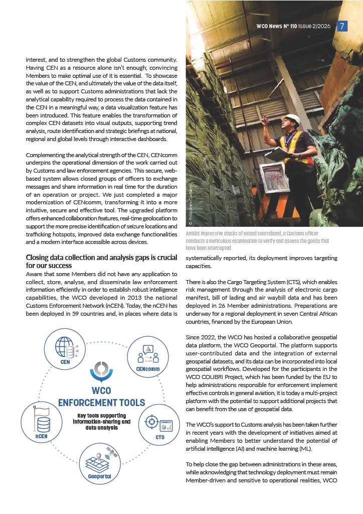 WCO_OMD's tweet photo. Customs protecting society through vigilance and commitment by Ian Saunders. 

In the article opening the latest issue of WCO News, the WCO Secretary General sets out how the theme of the year encapsulates a simple, but often overlooked, truth: Customs officers keep societies safe.
 
He also highlights how the WCO supports efforts to share data and knowledge, enhance data collection and analysis, mobilize against the exploitation of general aviation by traffickers, profile postal and express consignments or develop capacities to use GEOINT. 

Read more 👉 https://t.co/vHKtJqQ3TH
