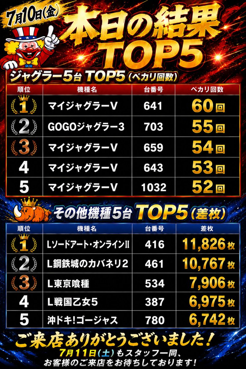 7/10の🚨ペカリ🚨数は・・・？ 1位～5位をチラ見せ✨ そして7/11は