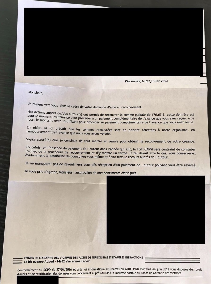 LeDindonFiscal's tweet photo. 🚨 Cela fait 4 ans que mon cambrioleur a été condamné. Je pensais enfin être indemnisé du vol, et bah non 🤡

Une somme misérable alors qu’il reste plus de 15 000 € de préjudice, que l’État se garde pour lui en plus 🤣

Mais le couteau dans le dos, c’est que si le gars décide de ne rien filer l’an prochain, eh bah c’est pour ma gueule désormais, les poursuites.

L’État crache vraiment à la gueule des victimes, non ?