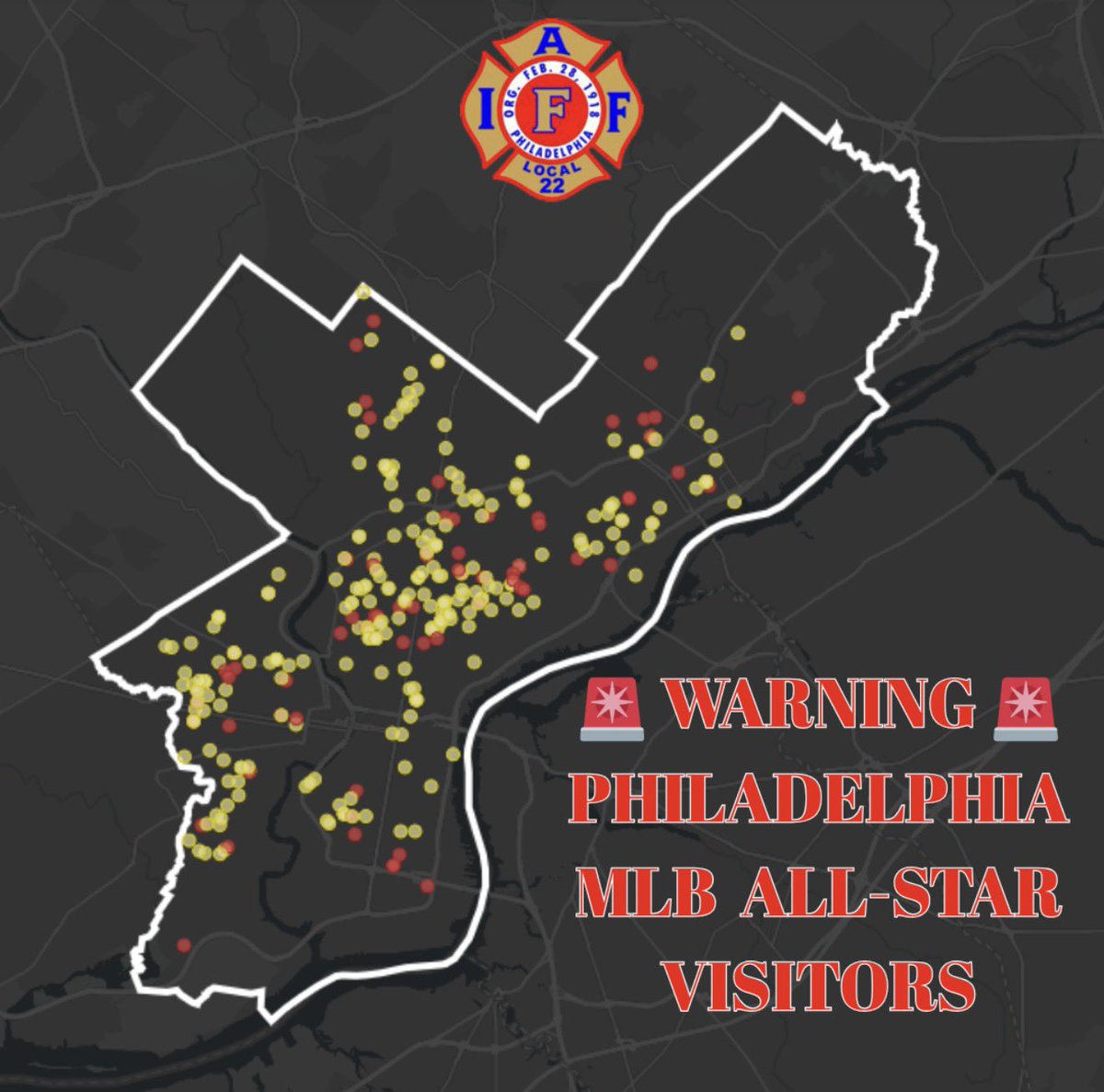 Local22Philly's tweet photo. 🚨WARNING🚨 Visitors to Philly for th MLB ALL-STAR GAME. Please avoid the colored areas on the map of the city. It’s NOT SO SAFE, CLEAN, OR GREEN as you may have heard. Be very careful, your life could be in danger. https://t.co/zJ0PsrVJnG