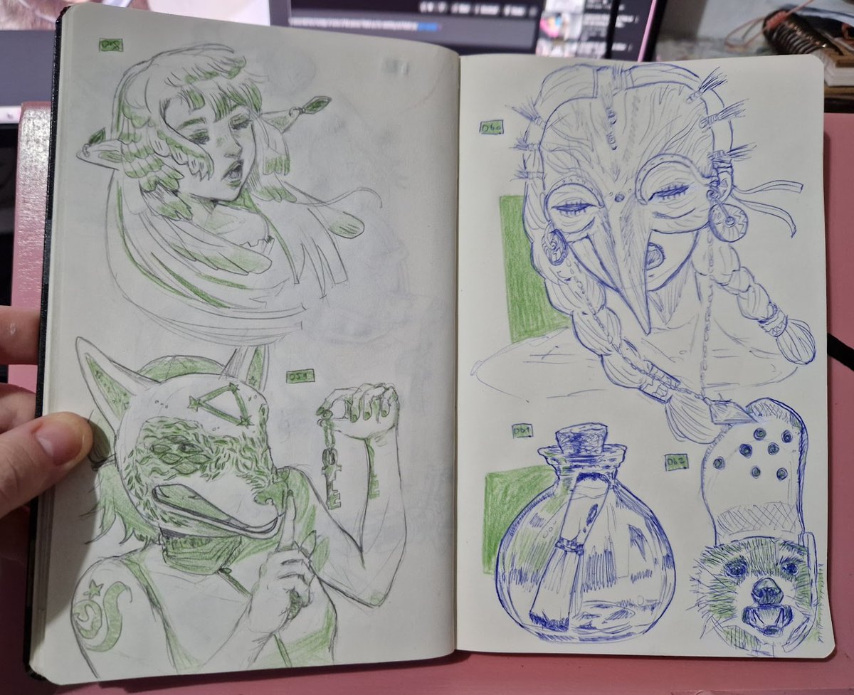 Lune_Flare's tweet photo. Sketchbook drawing 58-62 i realised the blue pen doesn't ghost much in moleskine! So I'm back to sketching straight with ballpoint now!

#artmoots #sketchbook https://t.co/w3D3KX11tM
