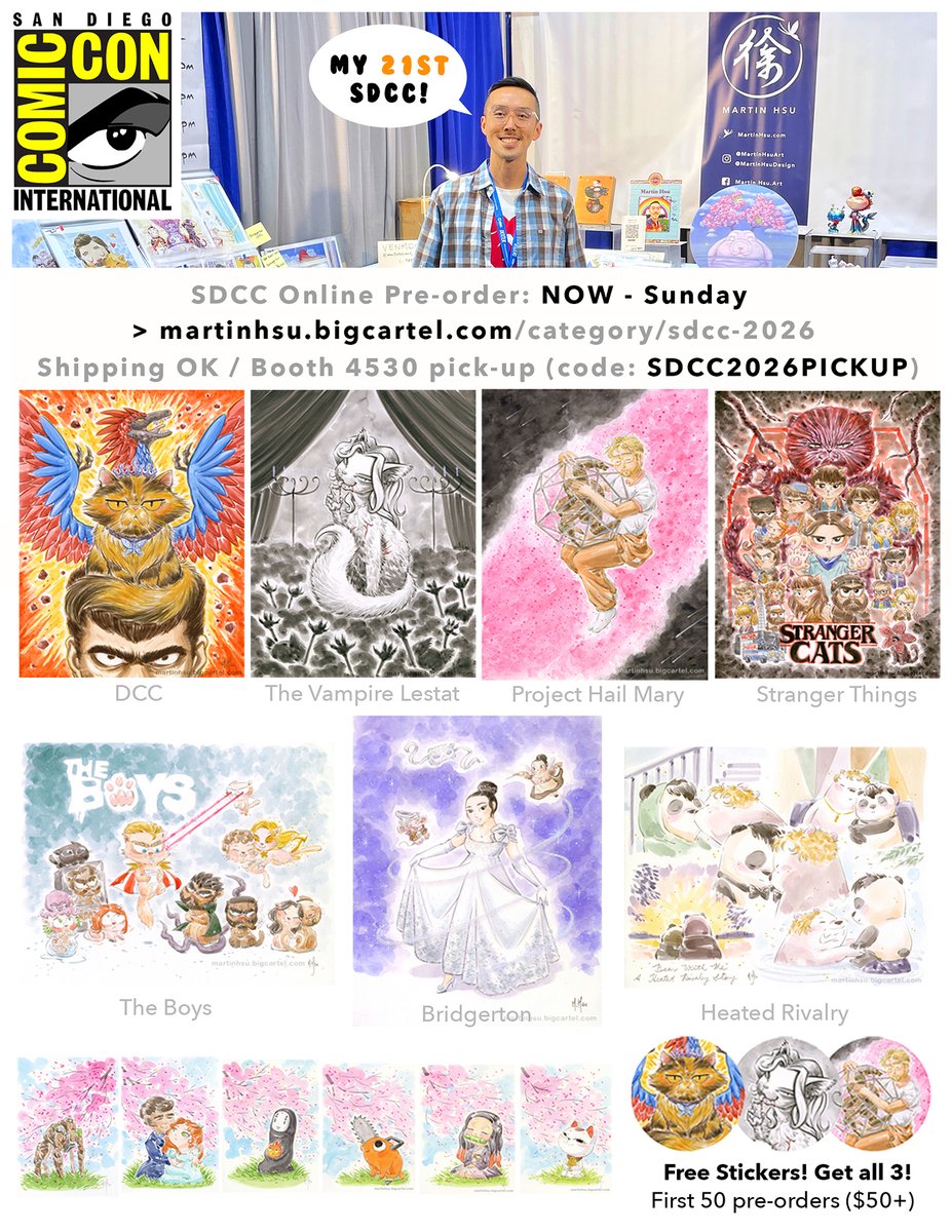 MartinHsu's tweet photo. Here we go! My #SDCC 2026 Pre-order is now LIVE https://t.co/sAfwhB8dth 😍

Use code SDCC2026PICKUP for booth 4530 pick-up. Shipping OK! First 50 orders ($50+) get FREE stickers. Repost with joy and have fun getting the art you love! ❤️ https://t.co/kiEjQZvy2q