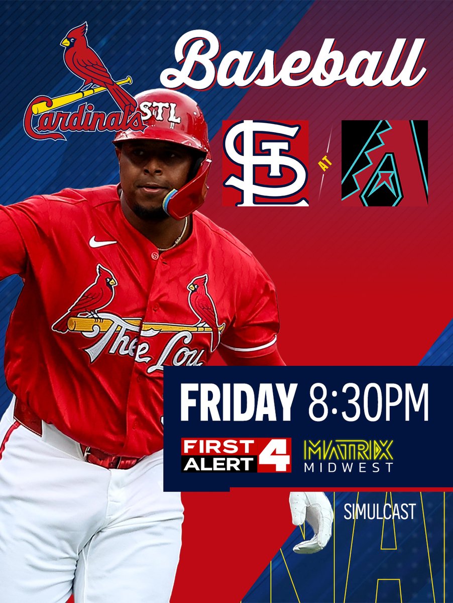 KMOV's tweet photo. THIS FRIDAY: Cardinals baseball is BACK on @MatrixMidwest &amp; First Alert 4!

⚾ Watch the @Cardinals take on the Arizona Diamondbacks LIVE on Friday, July 17 🔥

#STLCards #cardinalsnation #livebaseball https://t.co/nc55oPKQjF