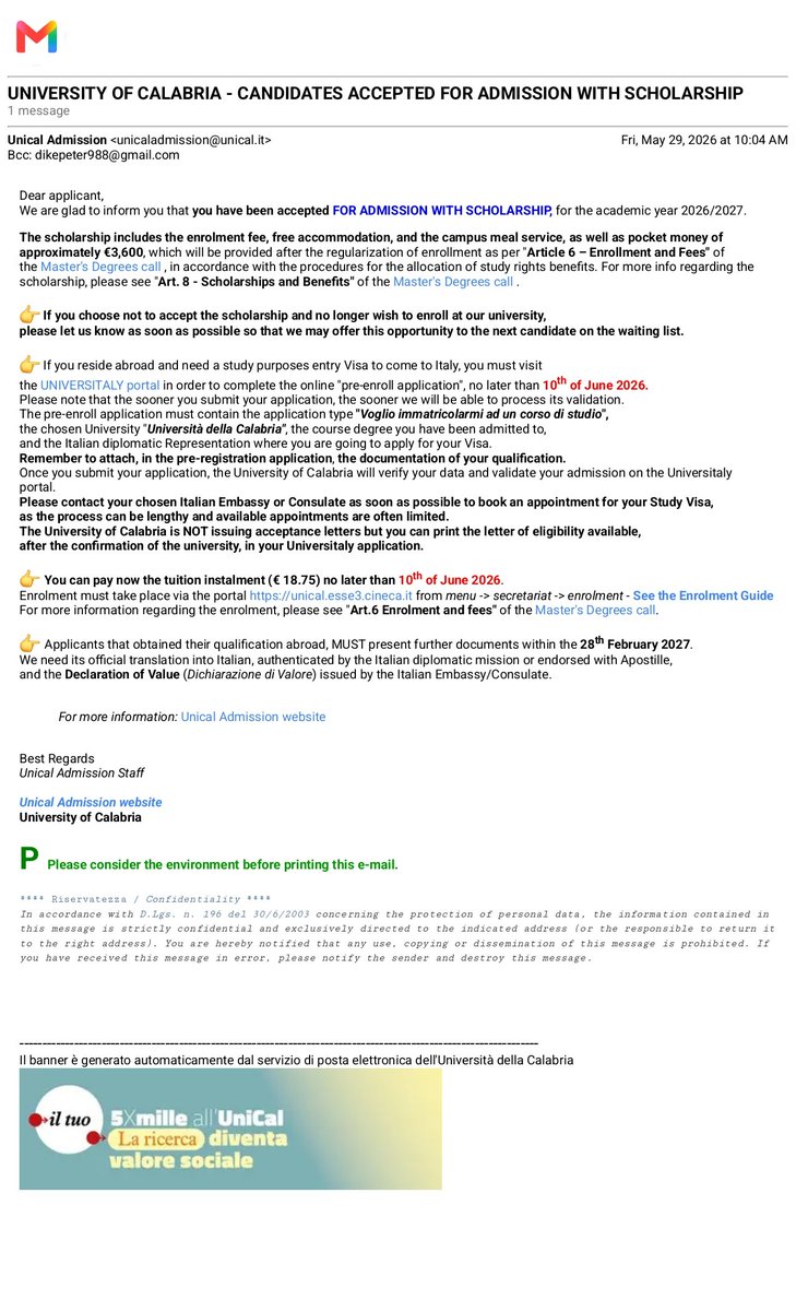Fossito_Cryt's tweet photo. Appeal for Financial Assistance to Support My Fully Funded Postgraduate Scholarship at the University of Calabria, Italy

Dear Sir 

I hope this message finds you well.

My name is Dike Peter Chukwuemezie, a First Class graduate writing to respectfully request your kind consideration for financial assistance to enable me to commence my postgraduate studies at the University of Calabria (UNICAL), Italy.

I was encouraged to reach out after learning of the Foundation's generous support for Miss Blessing Olusafikayo Adida, who, like me, is a First Class graduate and a recipient of a fully funded scholarship to the same university. I sincerely congratulate her and commend the Foundation for investing in deserving young Nigerians pursuing academic excellence.

Although my tuition and scholarship have been fully secured, I am still required to raise approximately €3,000  to cover preliminary expenses, including visa processing, travel, accommodation, and other essential settlement costs before my scholarship stipend is disbursed upon arrival in Italy.

I humbly appeal to the Foundation to kindly consider supporting me with these initial expenses. Such assistance would enable me to take full advantage of this life-changing opportunity and continue my academic and professional development.

Attached to this are copies of my academic credentials, scholarship award letter, and other relevant supporting documents for your kind consideration.

Thank you very much for your time, generosity, and commitment to empowering Nigerian students. I would be deeply grateful for any assistance or guidance the Foundation is able to provide.

Yours faithfully,

Scholarship List https://t.co/iGnTX4xTNA
(page 3, No. 10)