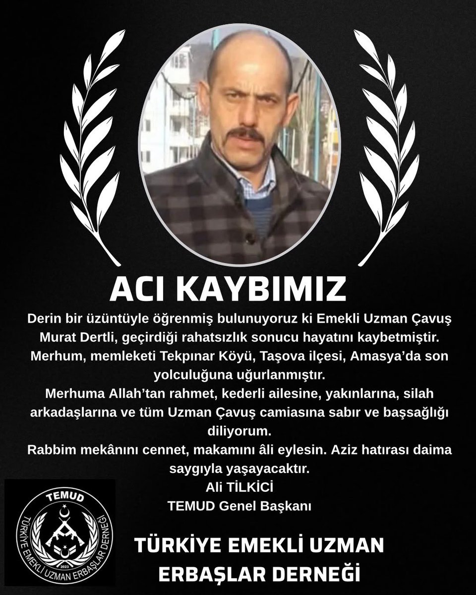 alitilkici38's tweet photo. Derin bir üzüntüyle öğrenmiş bulunuyoruz ki Emekli Uzman Çavuş Murat Dertli, geçirdiği rahatsızlık sonucu hayatını kaybetmiştir.
Merhum, memleketi Tekpınar Köyü, Taşova ilçesi, Amasya’da son yolculuğuna uğurlanmıştır.
Merhuma Allah’tan rahmet, kederli ailesine, yakınlarına, silah arkadaşlarına ve tüm Uzman Çavuş camiasına sabır ve başsağlığı diliyorum.
Rabbim mekânını cennet, makamını âli eylesin. Aziz hatırası daima saygıyla yaşayacaktır.

Ali TİLKİCİ
TEMUD Genel Başkanı
#UzmanÇavuş
@TEMUD_2024