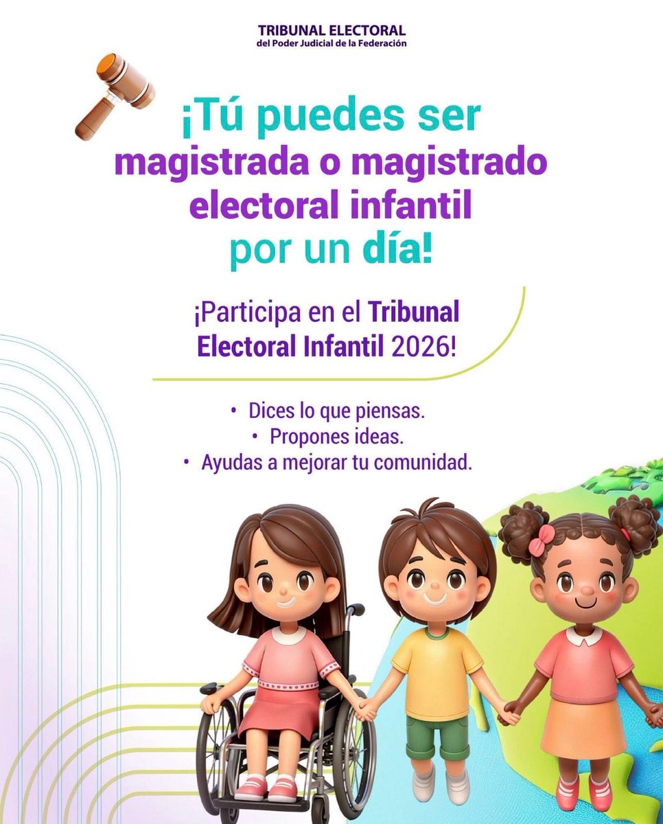 Montano_Ventura's tweet photo. 🧒🏻👧🏻 ¡La niñez tiene la palabra!

El @TEPJF_inform convoca a las niñas y niños de México a participar en el Tribunal Electoral Infantil 2026.

⚖️ Un espacio donde podrán vivir la experiencia de ser magistradas y magistrados electorales por un día, compartir su visión del mundo, debatir con respeto y proponer soluciones para su entorno.

🗓 Registro abierto hasta el 28 de agosto

✨ ¡Sumá tu voz y sé parte del cambio!

🔗 Conoce la convocatoria e inscríbete aquí:
https://t.co/JUKDxU79sO

#TribunalElectoralInfantil2026
#VivamosLaDemocracia
#InfanciaParticipativa