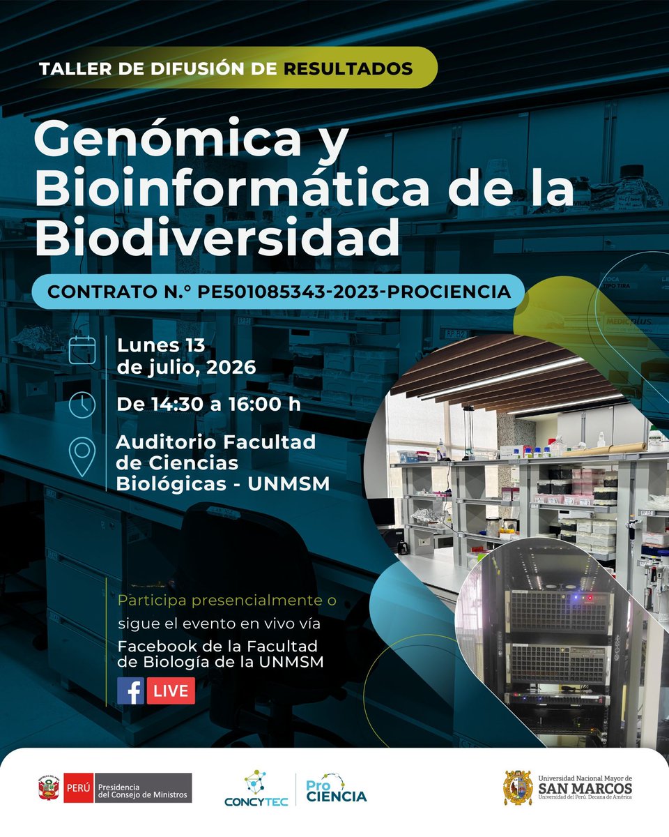 ProcienciaPeru's tweet photo. La UNMSM presentará los resultados del proyecto “Genómica y Bioinformática de la Biodiversidad”, financiado por el Proyecto de Fortalecimiento del SINACTI II.
13 de julio 2:30 p. m.
Facultad de Ciencias Biológicas – UNMSM
Facebook Live de la Facultad
#Prociencia #Concytec https://t.co/Cy2wkzbmqY