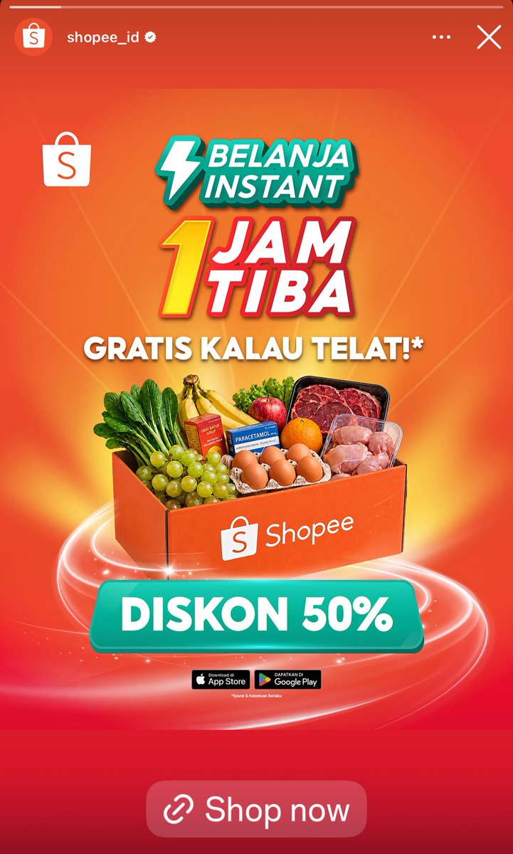 PutriArian01's tweet photo. gak perlu nunggu weekend buat belanja mingguan. andalin shopee belanja instant 1 jam tiba buat sayur &amp; daging segar. dapet diskon 50% plus jaminan gratis voucher kalau telat! 👍 #BelanjaInstant1JamdiShopee https://t.co/auPiwjtPjd