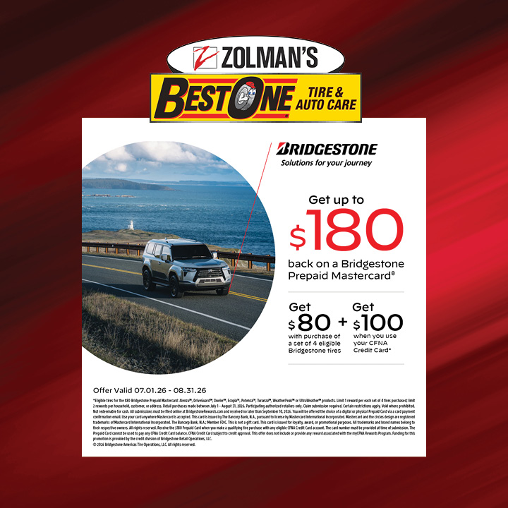 Zolman_Tire's tweet photo. ๐ Replacing tires? Zolman's Best-One Tire & Auto Care has you covered with $80 back on a Bridgestone Prepaid Mastercardยฎ when you buy a set of 4 eligible Bridgestone tires from July 1 to August 31, 2026.
For more information, visit https://t.co/VMIwBuxkTw.
#ZolmanTire #BestOne https://t.co/Sm3fjv7GN5