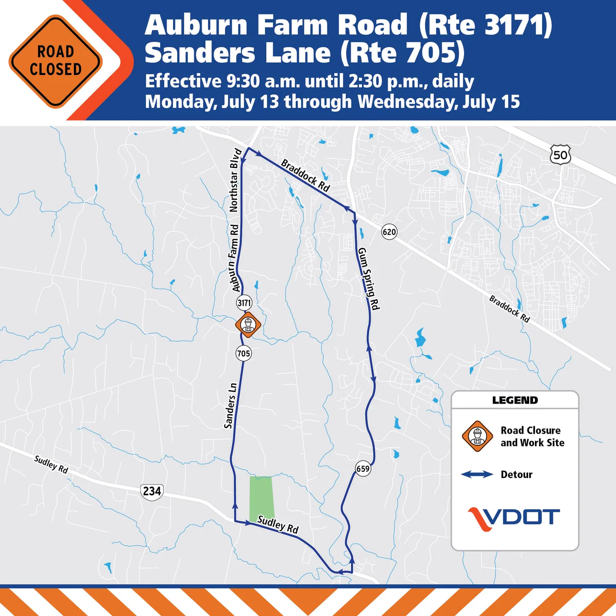 Auburn Farm Road/Sanders Lane closure and detour map