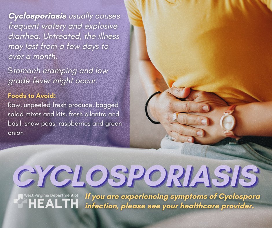 MOVHealthDept's tweet photo. Cyclosporiasis has been seen in both Ohio and West Virginia. Here is more information about what it is and what symptoms to watch out for, as well as what foods to avoid right now. https://t.co/GjM3kQfTY6