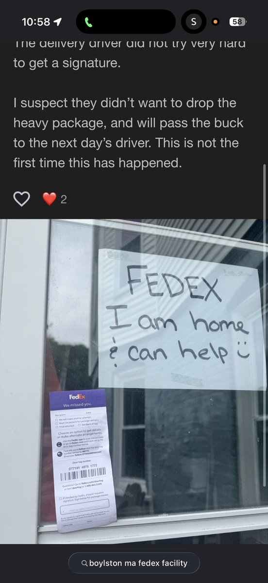 kellybae98's tweet photo. Still waiting for the call that was supposed to come in yesterday, that’s if it’s going to come at all. But I have read reviews about the facility that is holding the package right now and I’m not surprised at all. 
Like who puts missed you note under this. https://t.co/tALtD1WSrI