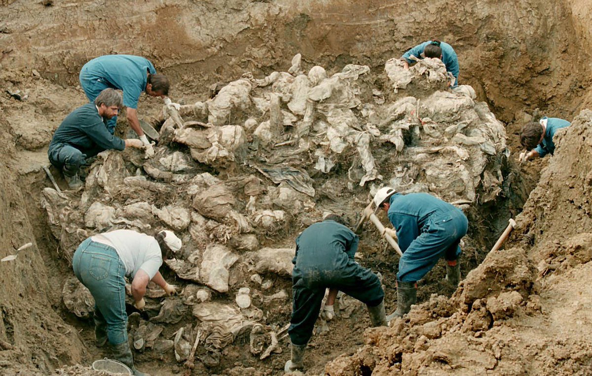 CorboKenan's tweet photo. The genocide in Srebrenica required an enormous level of organization - to be clear whole Serbian nation was backing it - there was some individuals who didn't, but they are a small number.

Just imagine how many people had to be involved simply to supply fuel, transport excavators and bulldozers, and conceal the mass graves for years.
And no one was ready to tell where they are!

In an effort to hide the crime and the remains of the victims, many of those graves were exhumed and reburied multiple times—sometimes as many as four.

As a result, there are cases where the remains of a single victim have been recovered from two, three, or even four different locations, sometimes miles apart.