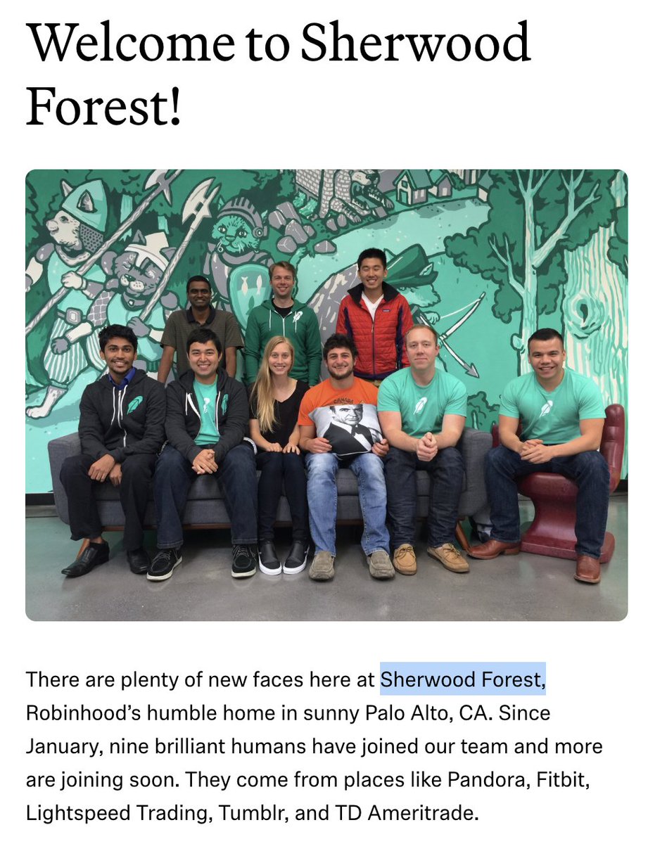 sherwood_token's tweet photo. You keep looking for the perfect lore. Here is one for you:

Most people know the Robinhood app.

Very few know the company built its early culture around Sherwood. Let me explain it to you:

Robinhood's original headquarters was called Sherwood Forest.

New employees weren't welcomed with "Welcome to the team."

They were welcomed with:

"Welcome to Sherwood."

Robinhood didn't stop at the office name.

Their employee onboarding program was called Camp Sherwood.

The Robin Hood theme wasn't just branding, it was embedded into the company's internal culture.

Visitors entering Robinhood HQ were greeted by a giant "Welcome to Sherwood Forest" mural.

The office was filled with Robin Hood-inspired artwork and custom murals, reinforcing the Sherwood identity throughout the workplace. 

That's why Sherwood isn't just another name.

It's an authentic piece of Robinhood history.