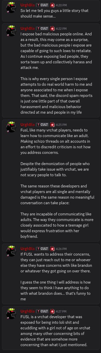 phyreaom's tweet photo. After my tweet, UrghBla began discussing Fusl in his server, doubling down on his accusations, and downplaying his involvement in Brandon's video.

In my document, I showed that, based on Discord's API, UrghBla joined the Sock Puppet LTD server before it was publicly mentioned. https://t.co/FX8OUUTGBX
