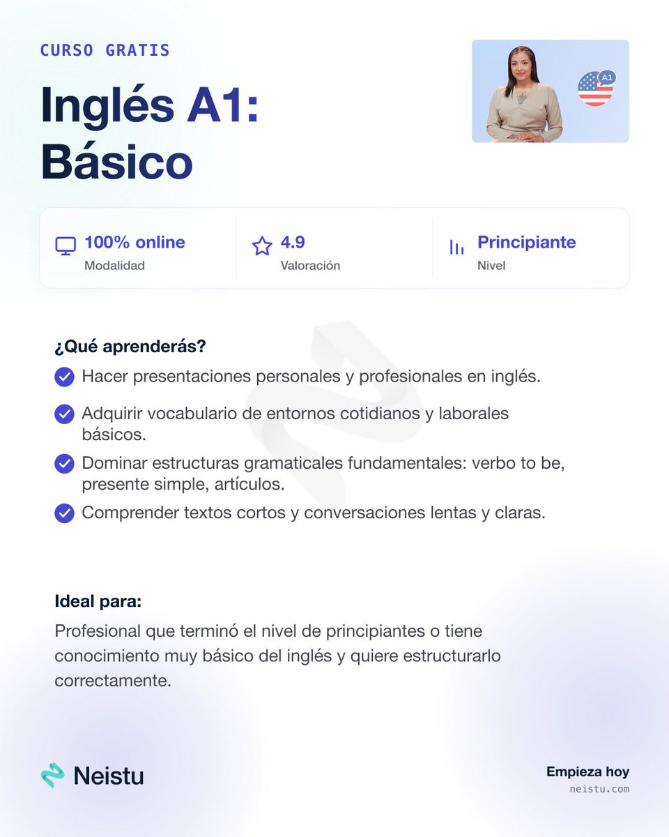 neistu_com's tweet photo. 🌍 Curso GRATIS de Inglés A1 + Certificado.

Aprende las bases del inglés para comunicarte con confianza en situaciones cotidianas y laborales.

🔗 https://t.co/uRak3HUvxS

#Inglés #Idiomas #Aprendizaje https://t.co/T54fPhNzqB