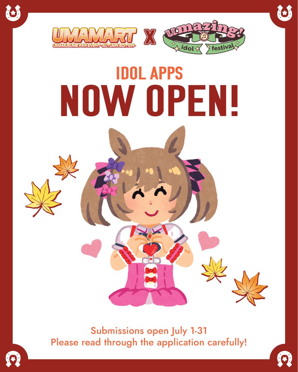 Uma_idolfest's tweet photo. We are happy to announce that applications are now open for Umazing Idol Festival collab stage with Uma Mart! Application link is located in either bio for Umazing Idol Festival or Uma Mart.
Applications close at 11:59pm CST July 31st

 #umamart #kaigaiidol #umamusume https://t.co/hFBn0Nx8lu