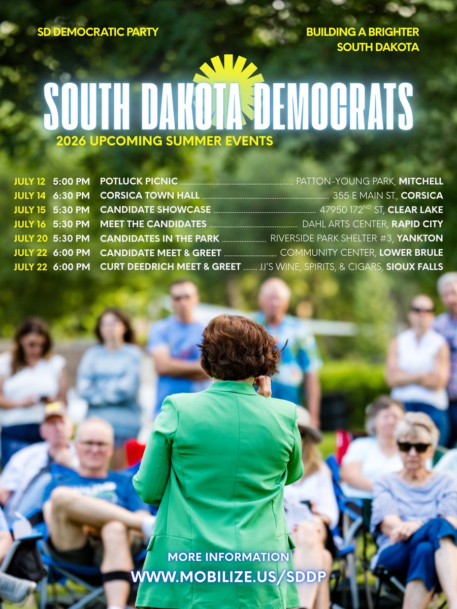 SoDakDems's tweet photo. All across the state, Democrats are meeting with you &amp; your neighbors. Join us at any of our upcoming events this summer! https://t.co/JTRHTjJYXp