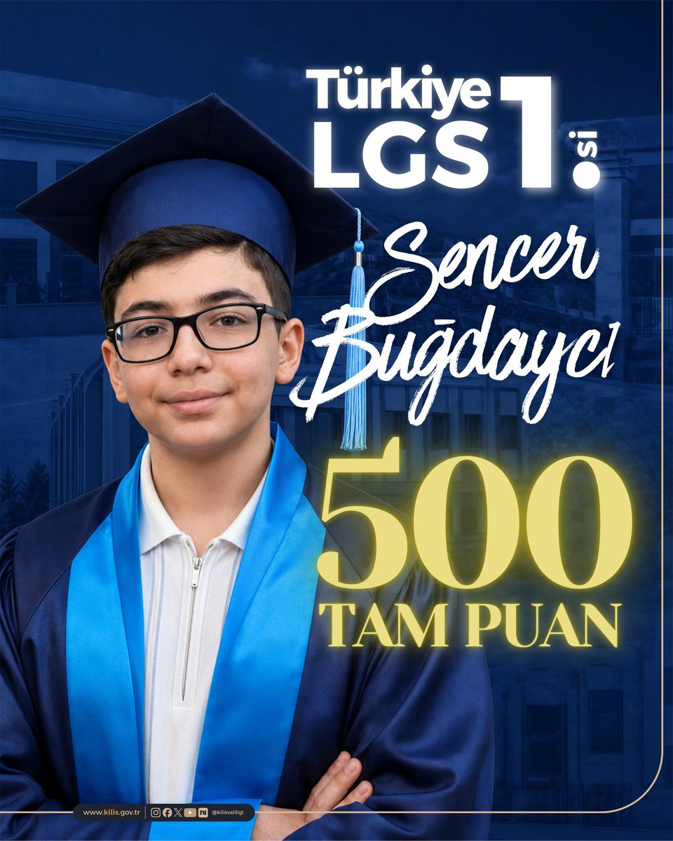 kilisvaliligi's tweet photo. 🌟 Serhat Şehrimiz Kilis’ten Türkiye Birinciliği Gururu

LGS’de 500 tam puan alarak Türkiye birincisi olan 15 Temmuz Şehitleri Ortaokulu öğrencimiz Sencer Buğdaycı evladımızı yürekten kutluyoruz.

Bu büyük başarıda emeği bulunan kıymetli ailesine, değerli öğretmenlerimize ve okul idaremize teşekkür ediyor; Sencer’in başarılarının hayatı boyunca devam etmesini diliyoruz.

📚👏 Gururumuz oldun Sencer, yolun ve bahtın açık olsun.

@KalayliOmer 
#Kilis 
#KilisSeninleGururDuyuyor