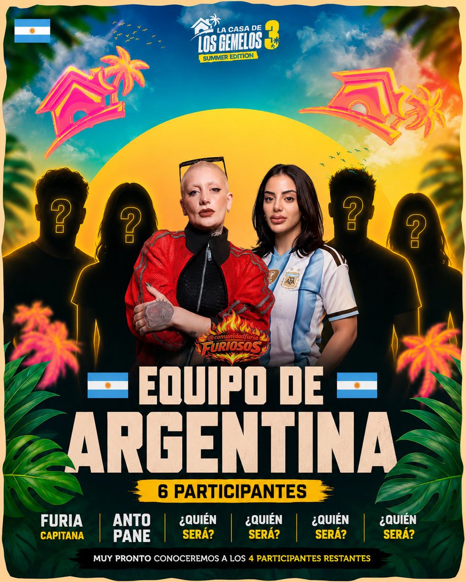 comunidadfuria's tweet photo. 🌴 LA CASA DE LOS GEMELOS 3 | SUMMER EDITION ☀️ YA TIENE A SUS PRIMEROS PARTICIPANTES CONFIRMADOS 

🇦🇷 TEAM ARGENTINA:
@FuriaScaglione
@antopaneoki

🇪🇸 TEAM ESPAÑA:
@toma_trakatra
@josenogalesjim

Iremos actualizando los teams a medida que vayan confirmandolos!

Ya falta menos para que comience esta nueva aventura🧳

#CasaGemelos3 #LCDLG3